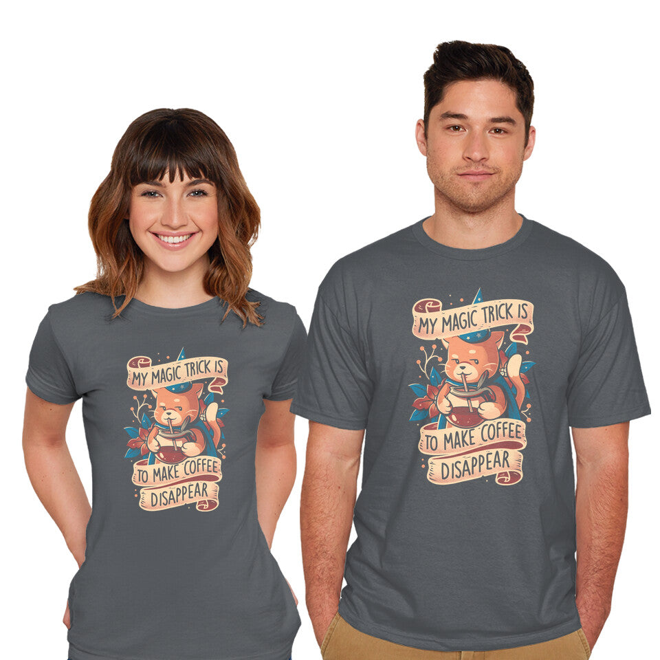 Model wearing charcoal Magic Trick Cat – Cat Graphic T-Shirt