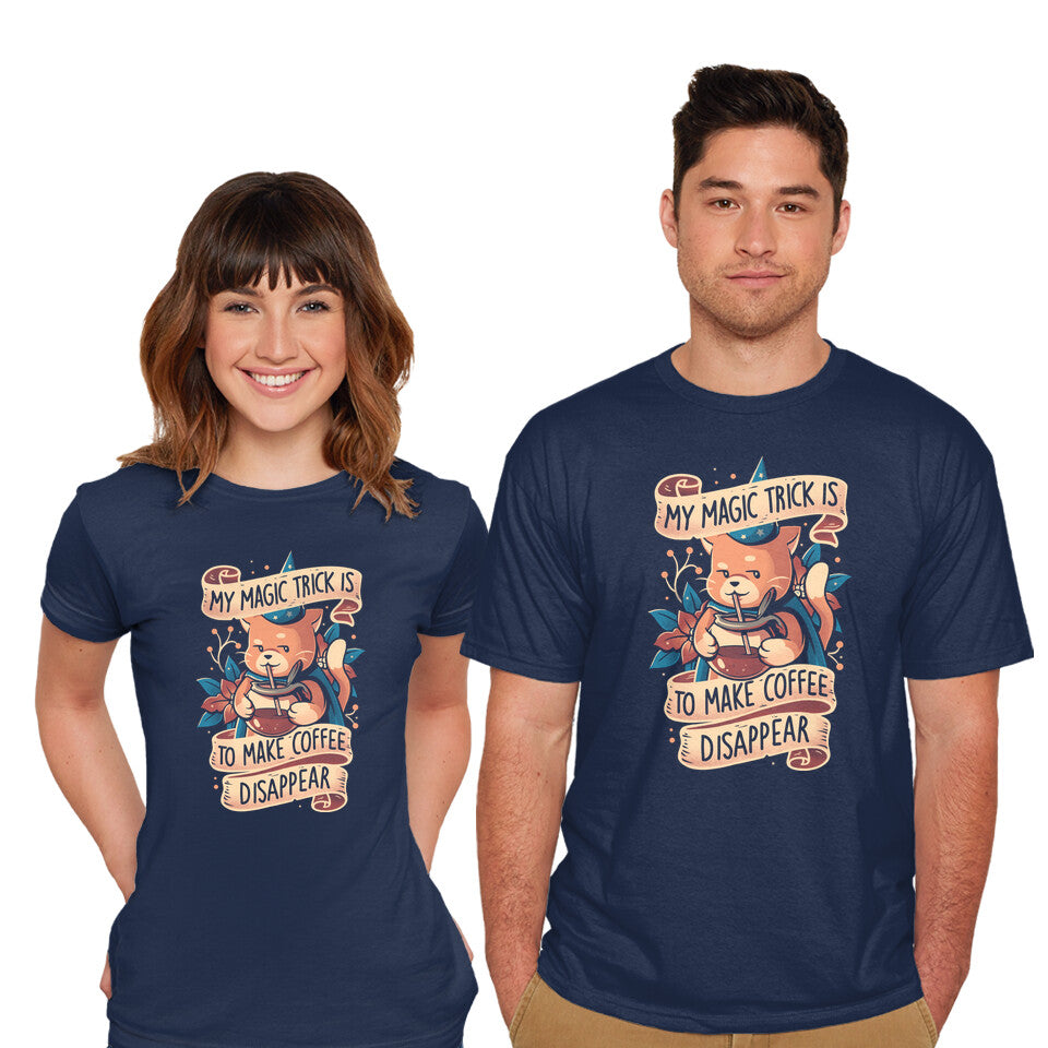 Model wearing navy Magic Trick Cat – Cat Graphic T-Shirt
