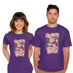 Model wearing purple Magic Trick Cat – Cat Graphic T-Shirt