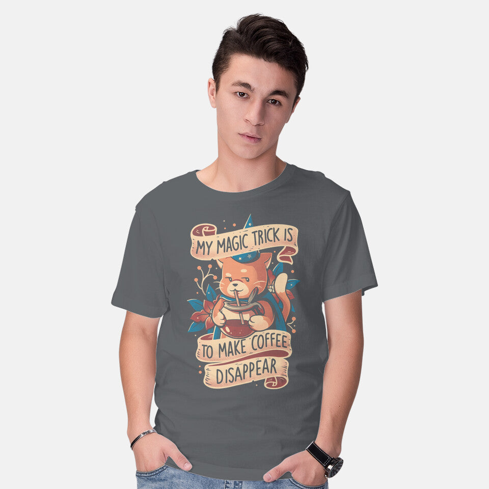 Model wearing charcoal Magic Trick Cat – Cat Graphic T-Shirt