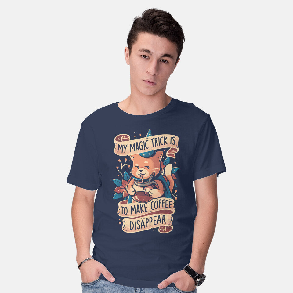 Model wearing navy Magic Trick Cat – Cat Graphic T-Shirt