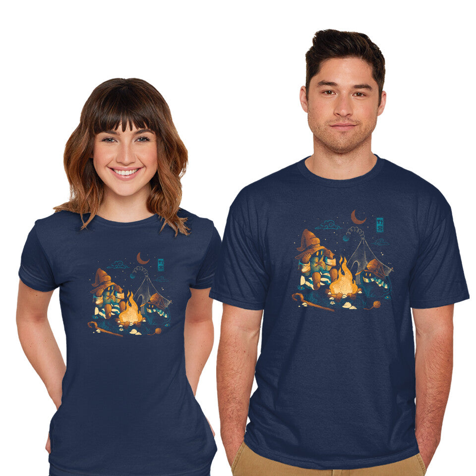 Model wearing navy Magic Camp – Cat Graphic T-Shirt