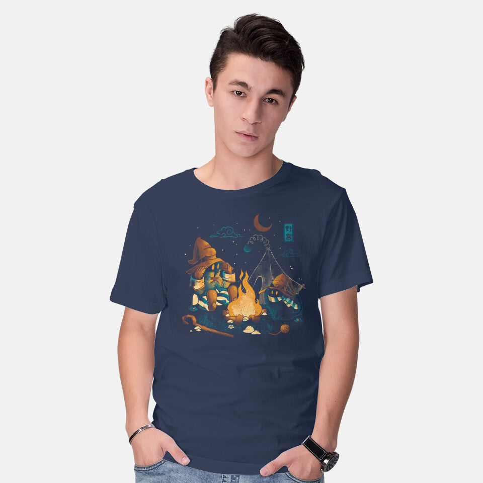 Model wearing navy Magic Camp – Cat Graphic T-Shirt