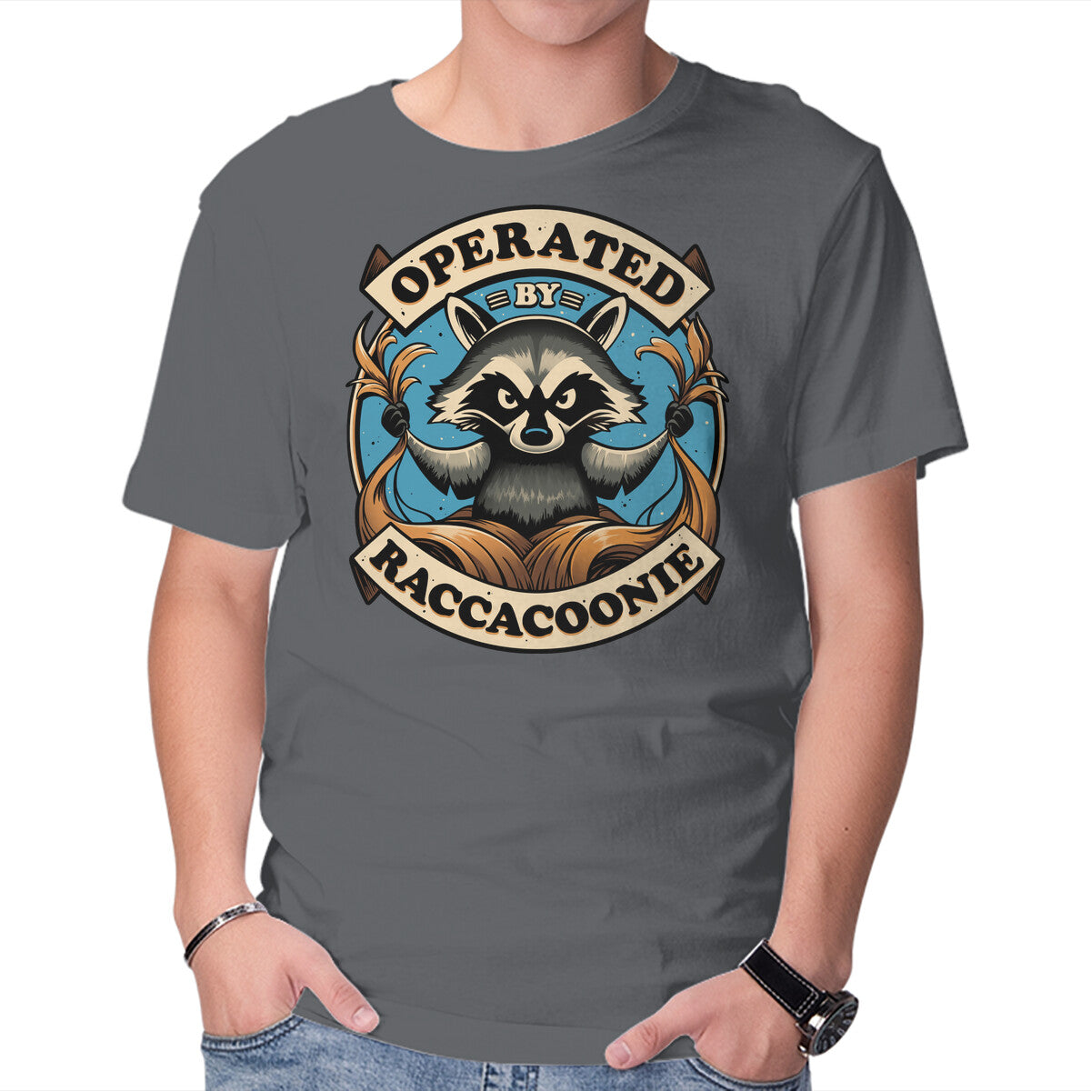 Raccoon Supremacy – Sci-Fi Graphic T-Shirt in charcoal, product display