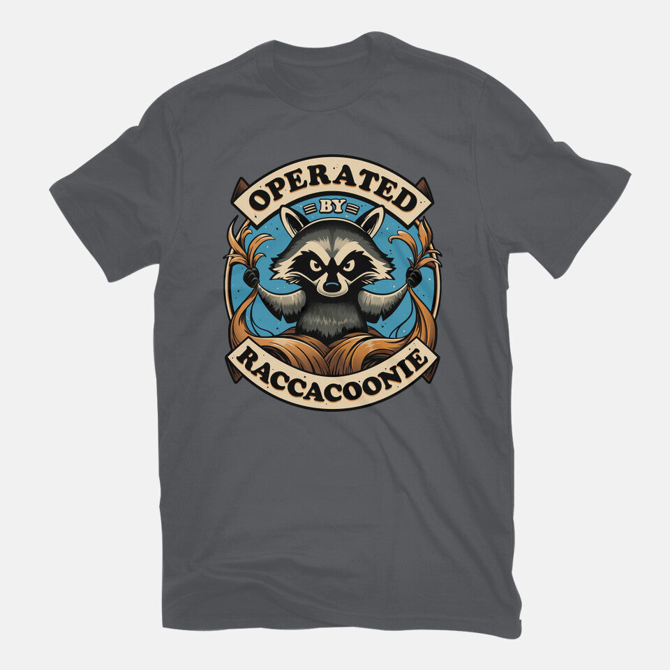 Raccoon Supremacy – Sci-Fi Graphic T-Shirt in charcoal, flat-lay product view