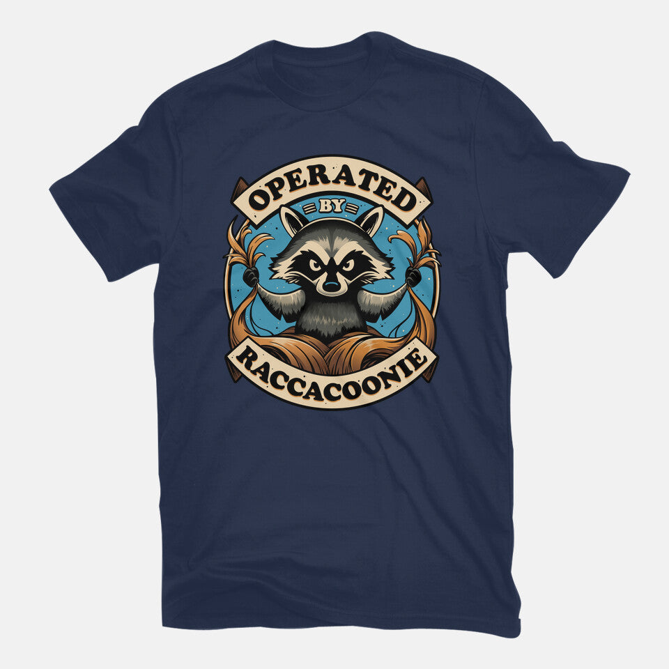 Raccoon Supremacy – Sci-Fi Graphic T-Shirt in navy, flat-lay product view