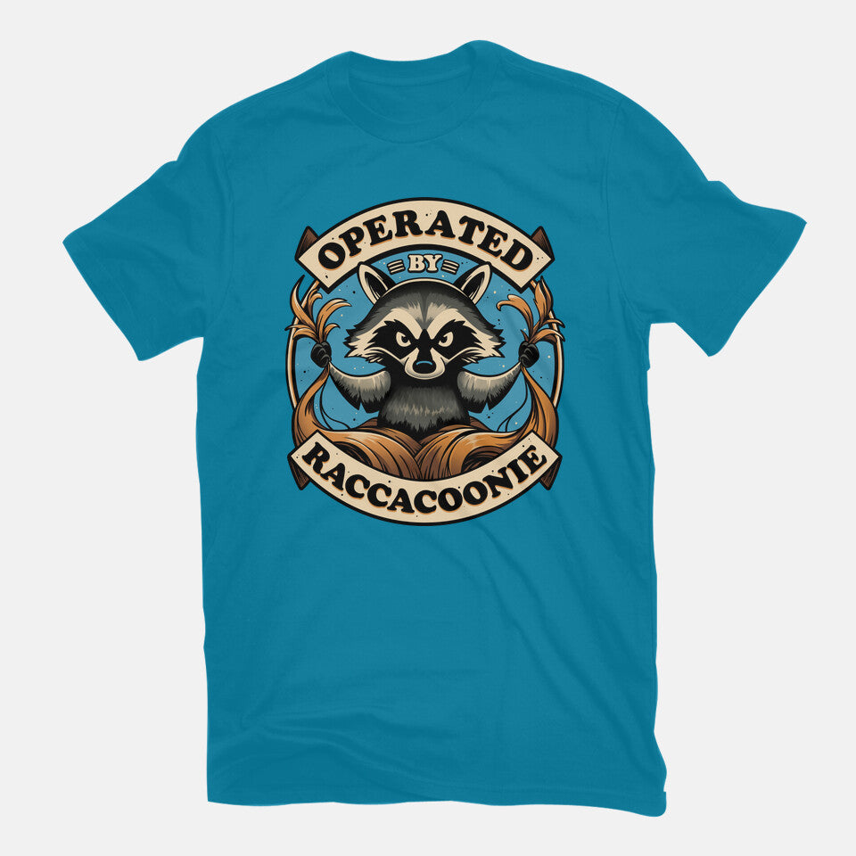 Raccoon Supremacy – Sci-Fi Graphic T-Shirt in turquoise, flat-lay product view