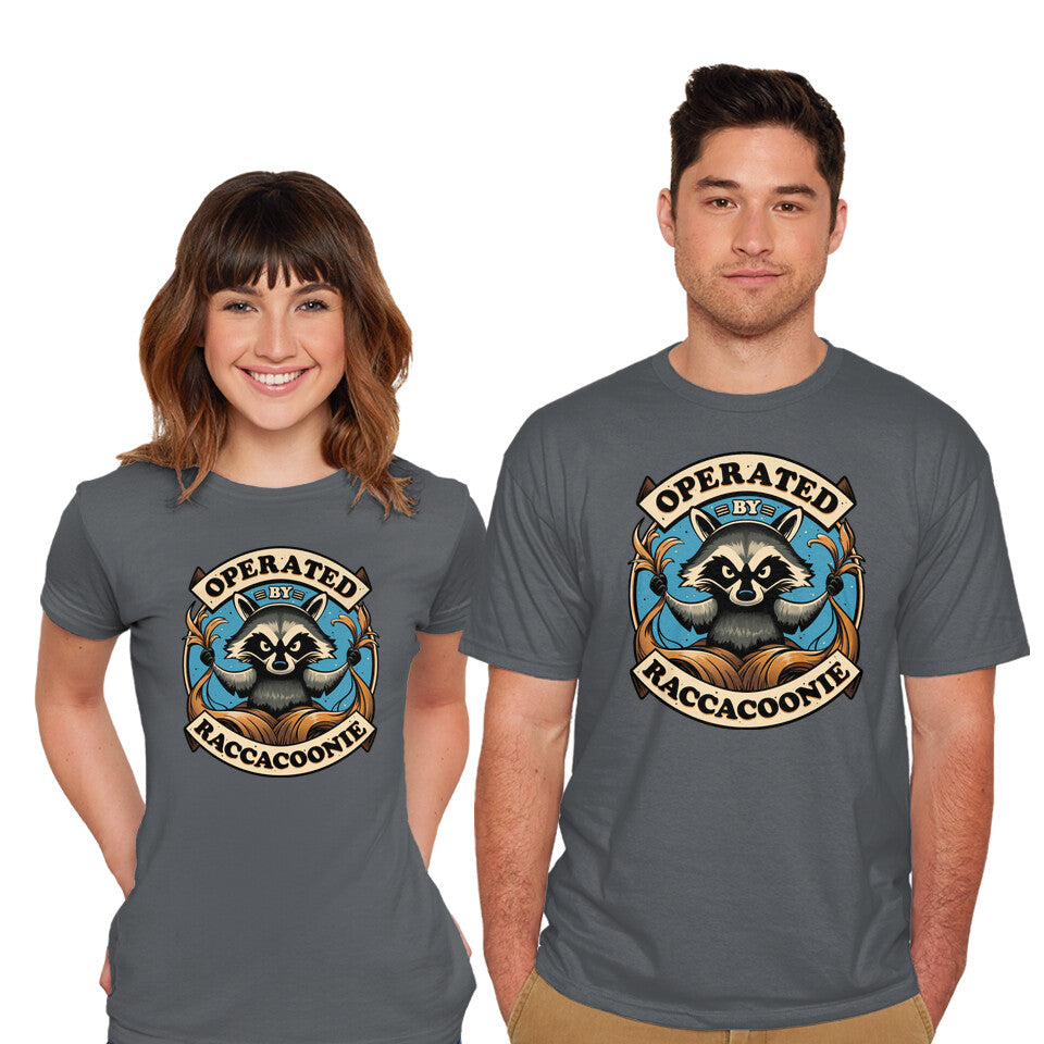 Model wearing charcoal Raccoon Supremacy – Sci-Fi Graphic T-Shirt