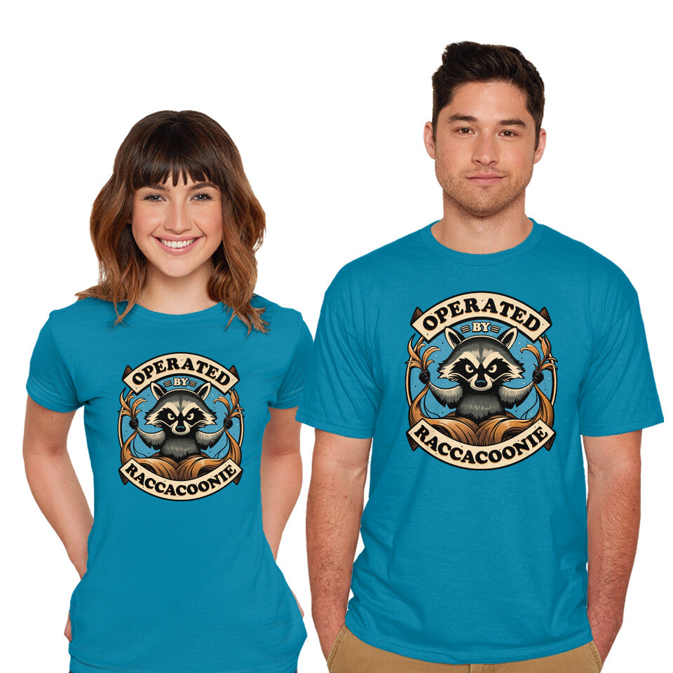 Model wearing turquoise Raccoon Supremacy – Sci-Fi Graphic T-Shirt