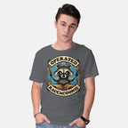 Model wearing charcoal Raccoon Supremacy – Sci-Fi Graphic T-Shirt