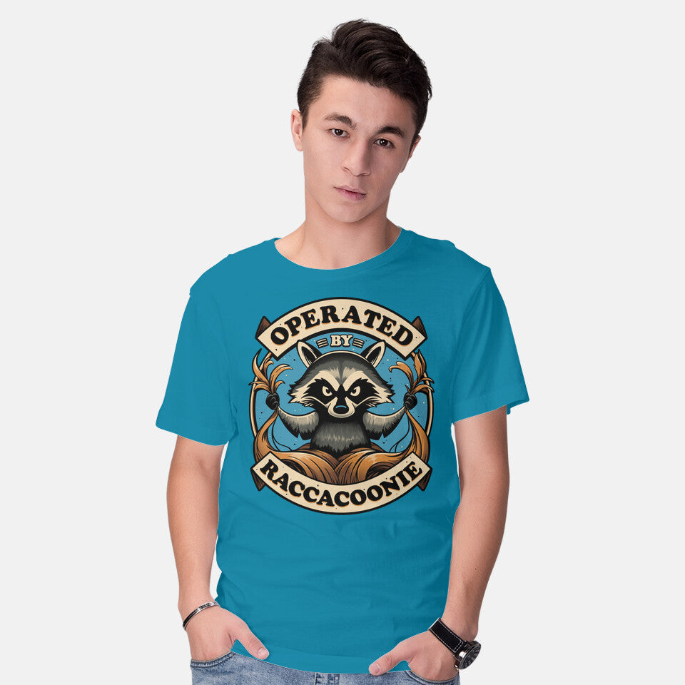 Model wearing turquoise Raccoon Supremacy – Sci-Fi Graphic T-Shirt