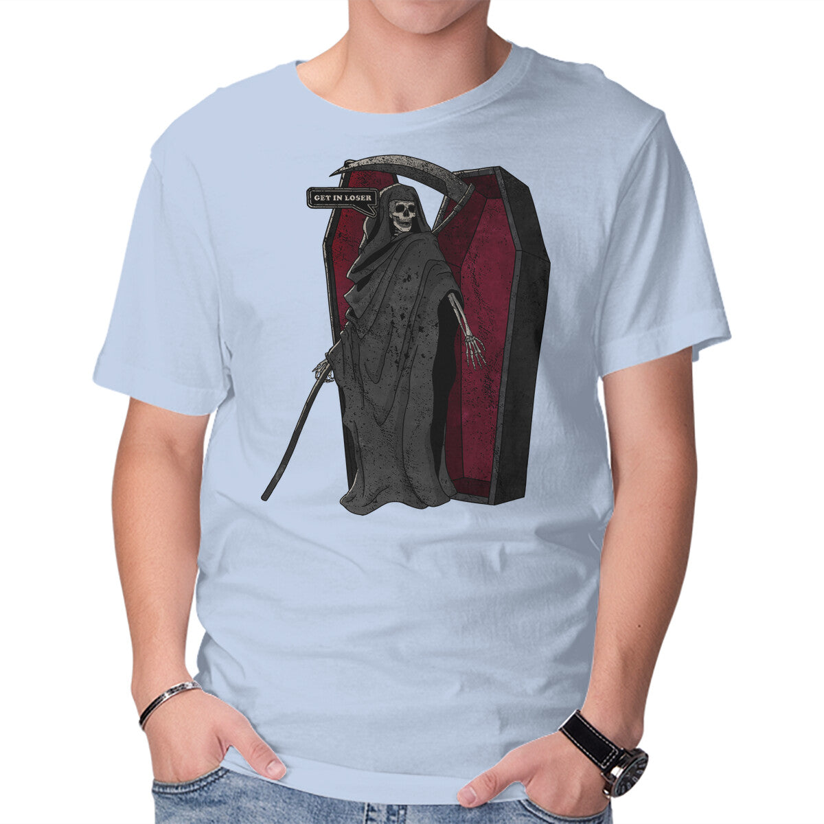 Death Beckons You To Get In – Halloween Graphic T-Shirt in blue, product display