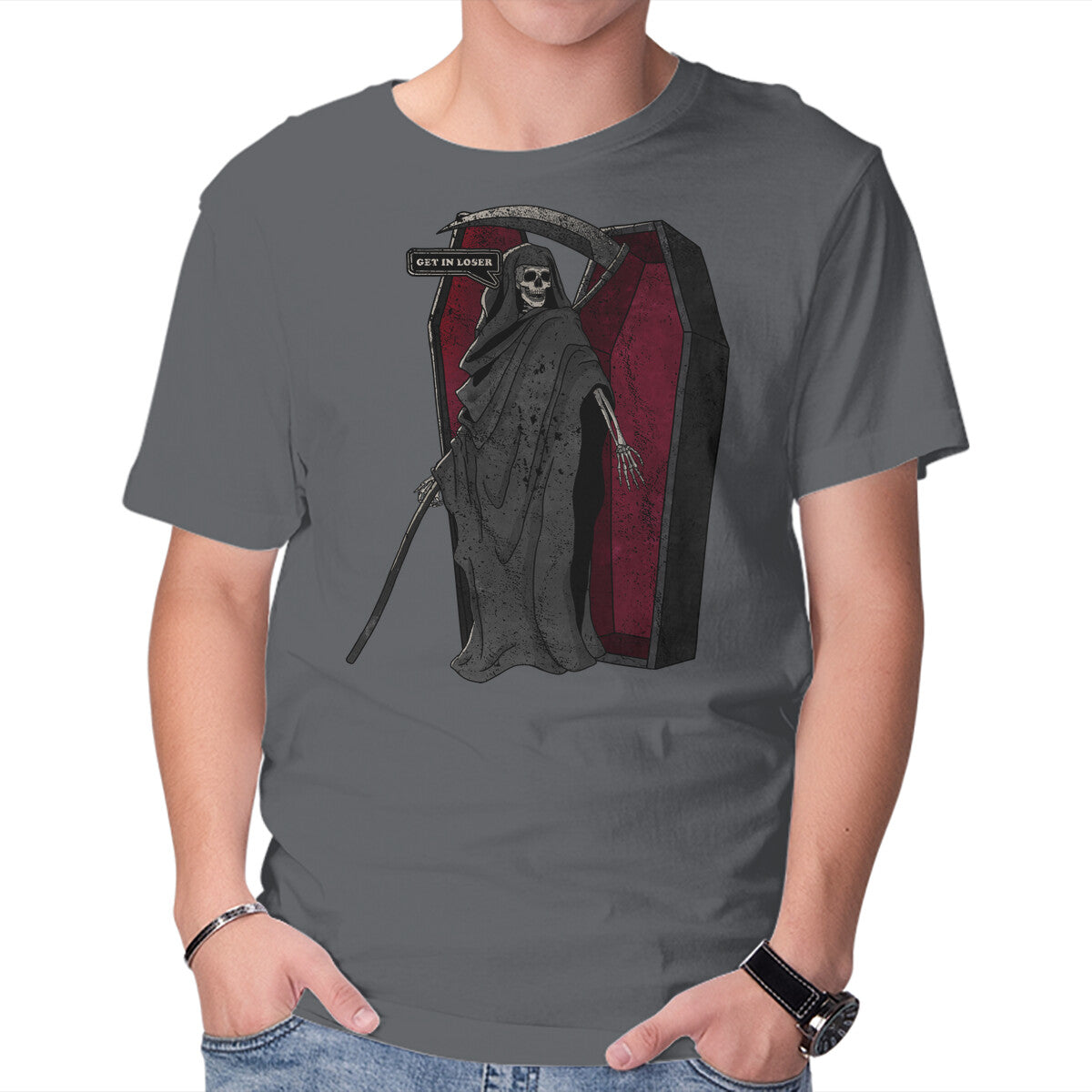 Death Beckons You To Get In – Halloween Graphic T-Shirt in charcoal, product display