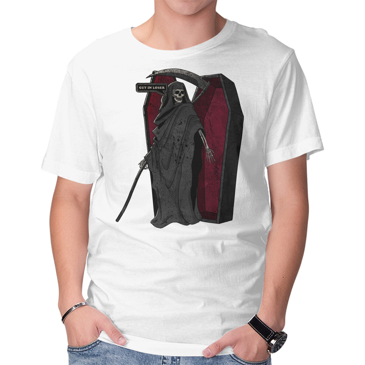 Death Beckons You To Get In – Halloween Graphic T-Shirt in white, product display