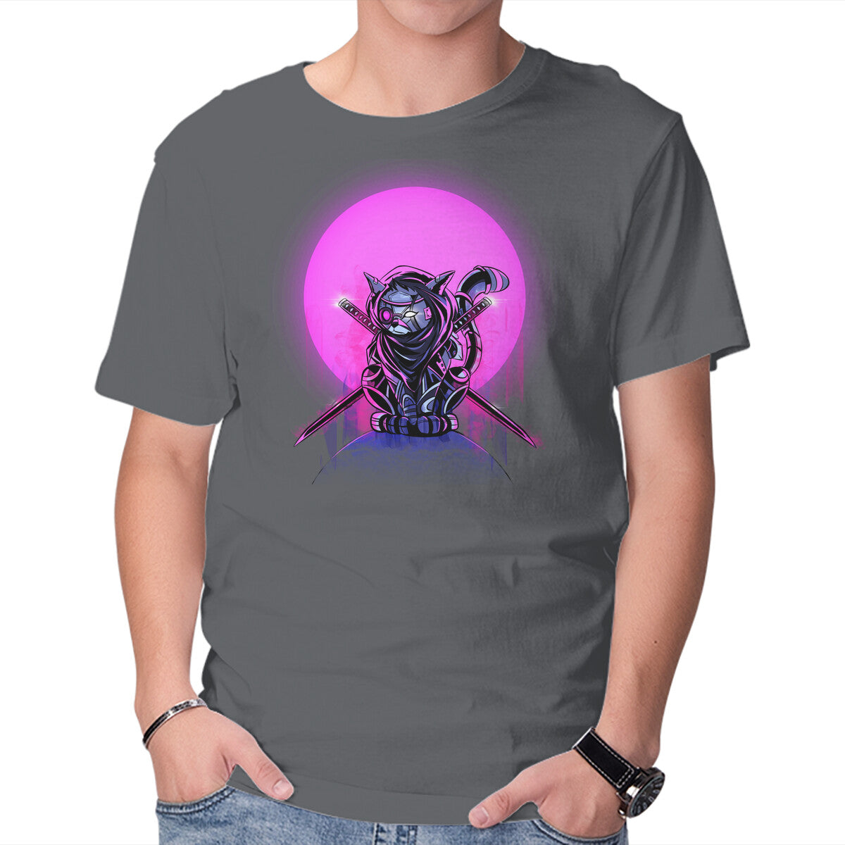 Cybercat – Cat Graphic T-Shirt in charcoal, product display