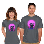 Model wearing charcoal Cybercat – Cat Graphic T-Shirt