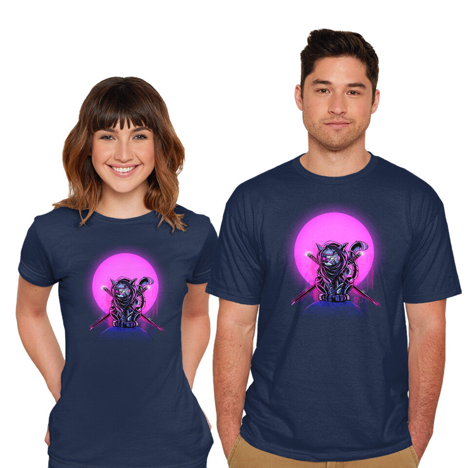 Model wearing navy Cybercat – Cat Graphic T-Shirt