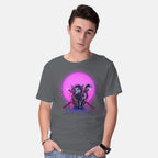 Model wearing charcoal Cybercat – Cat Graphic T-Shirt