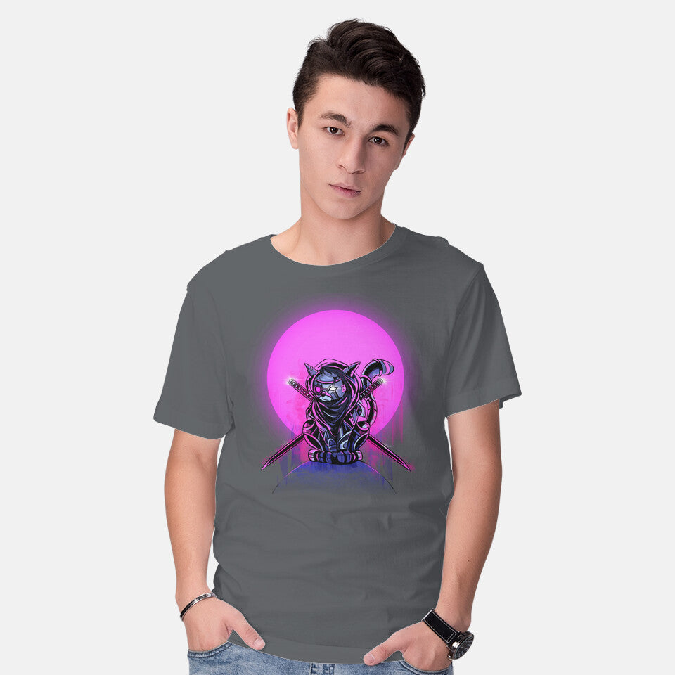 Model wearing charcoal Cybercat – Cat Graphic T-Shirt