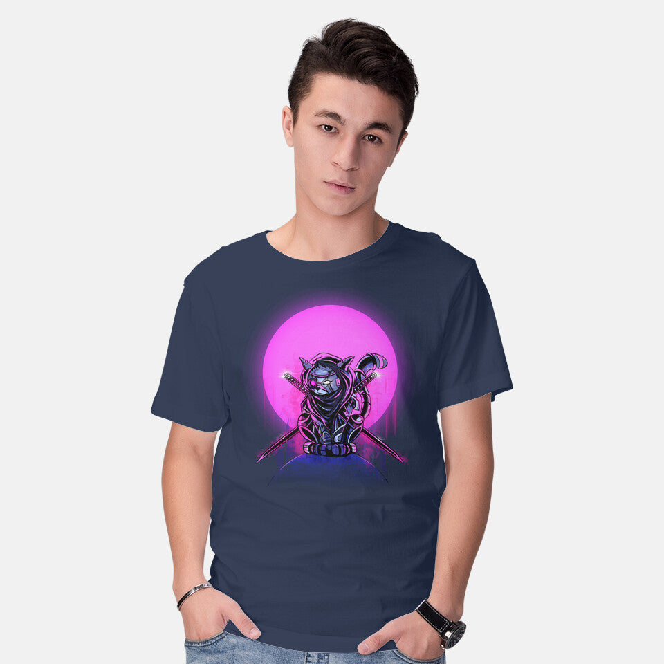 Model wearing navy Cybercat – Cat Graphic T-Shirt