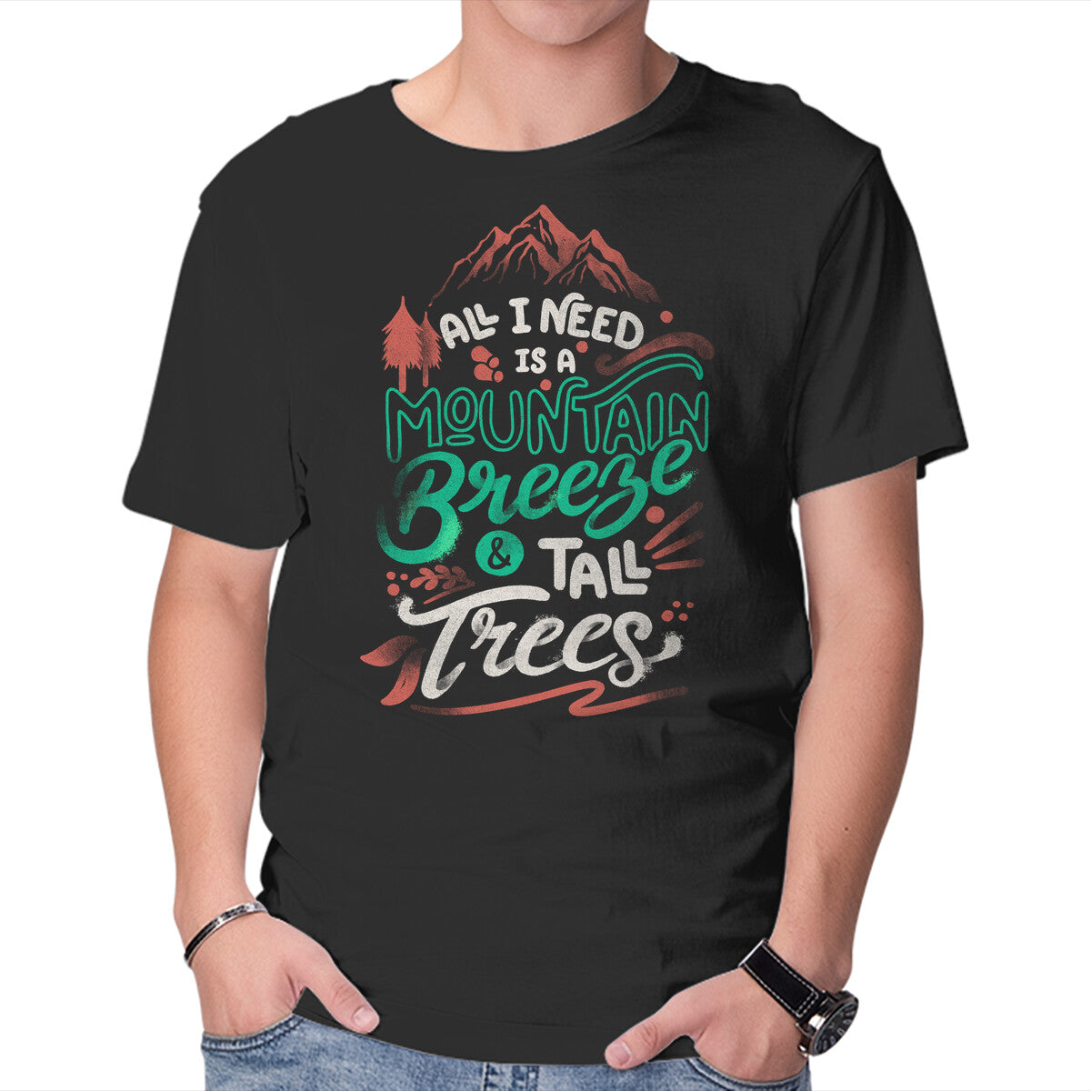 Mountain Breeze And Tall Trees Graphic T-Shirt in black, product display