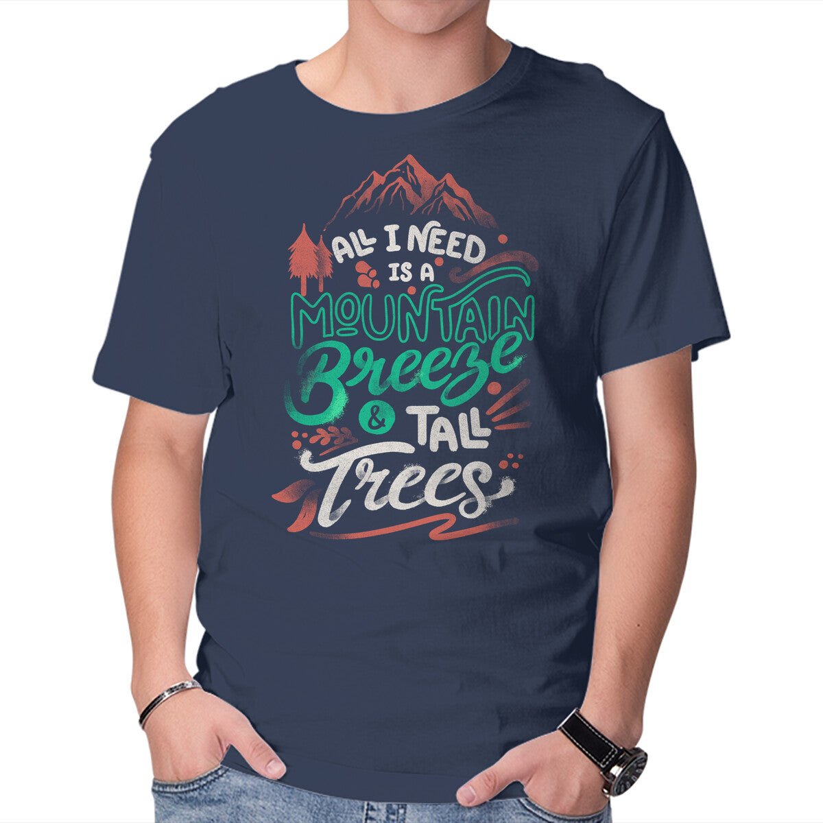 Mountain Breeze And Tall Trees Graphic T-Shirt in navy, product display