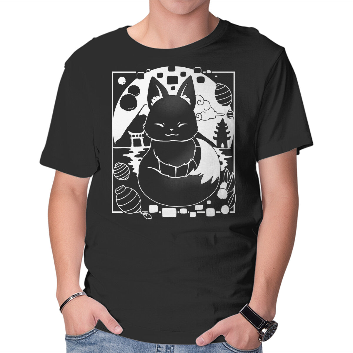 Fox Lantern – Animal Graphic T-Shirt in black, product display