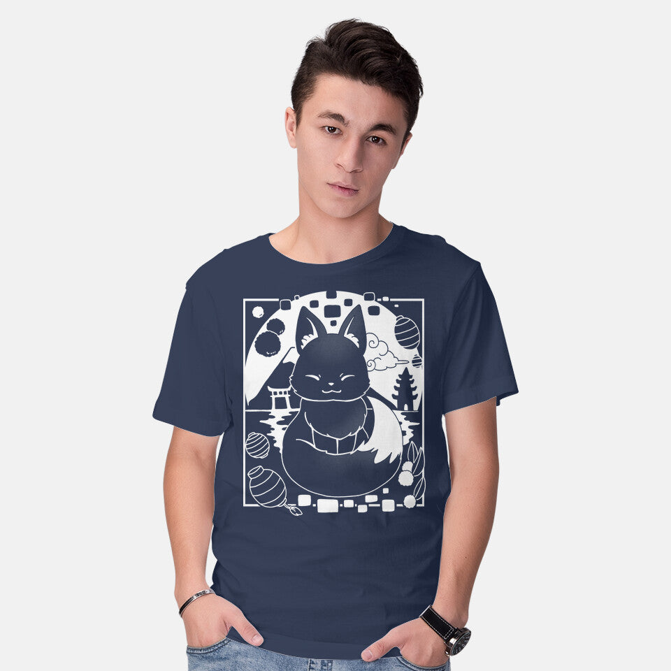 Model wearing navy Fox Lantern – Animal Graphic T-Shirt