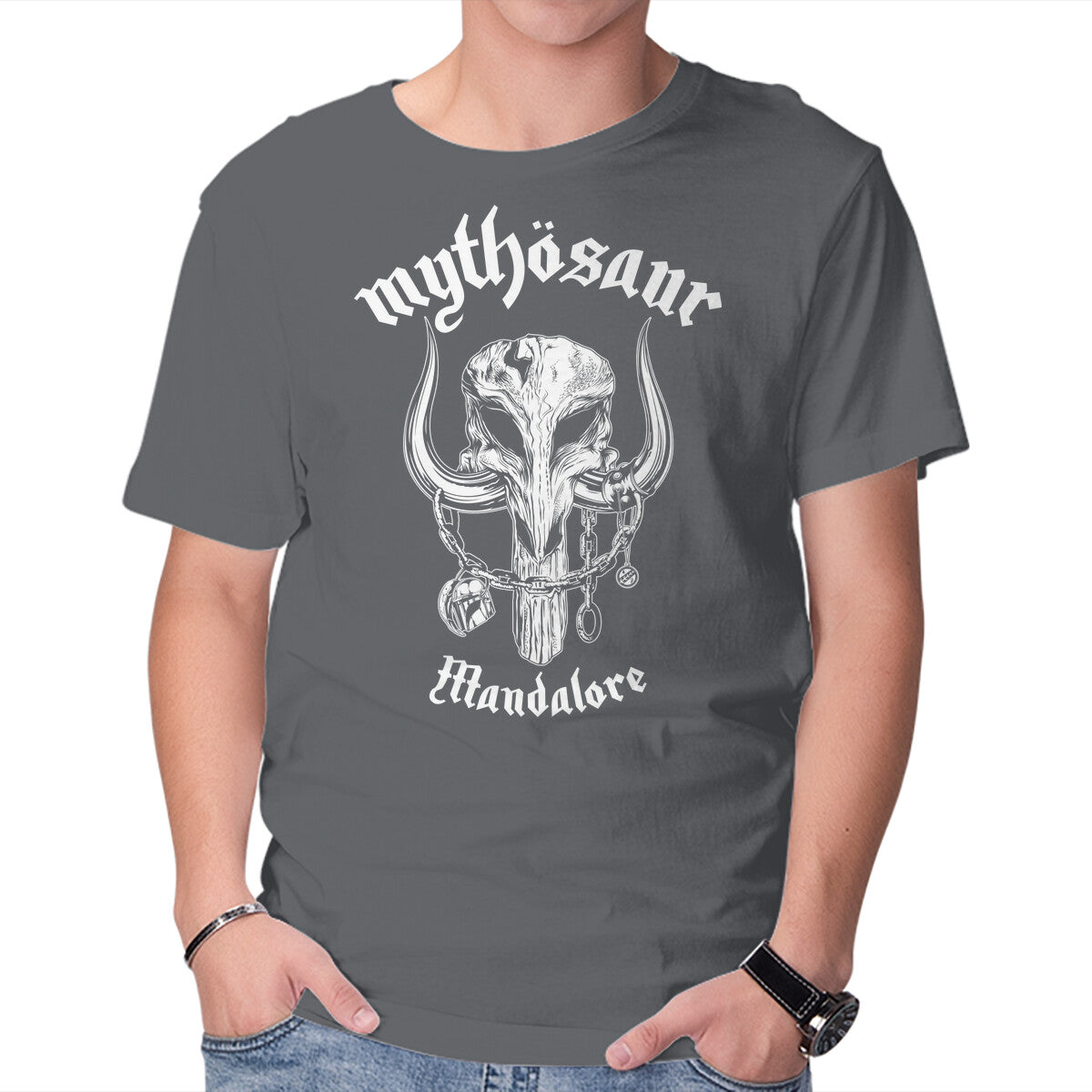 Mythosaur – Sci-Fi Graphic T-Shirt in charcoal, product display