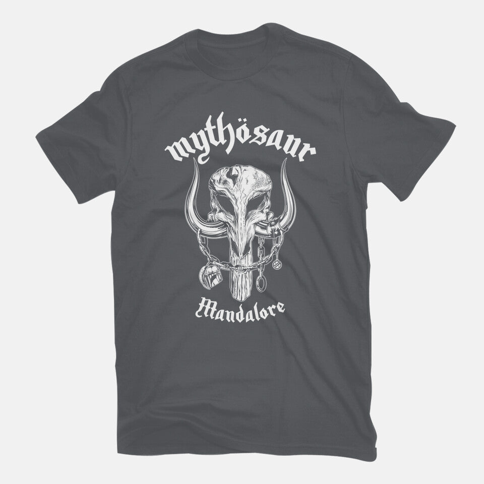 Mythosaur – Sci-Fi Graphic T-Shirt in charcoal, flat-lay product view