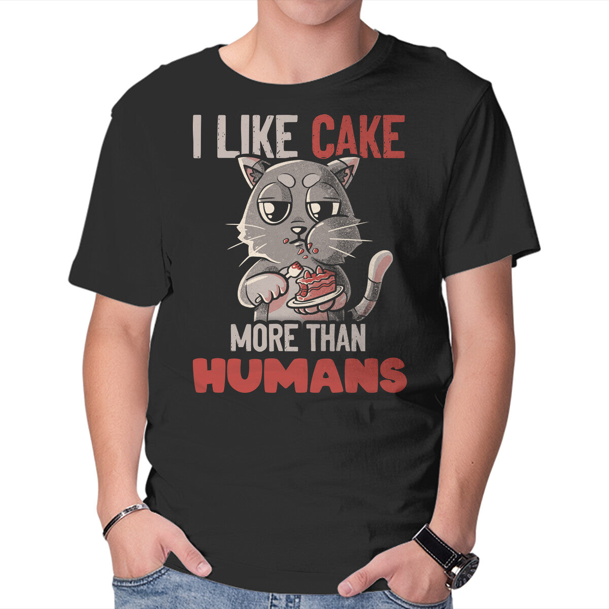 I Like Cake More Than People – Cat Graphic T-Shirt in black, product display