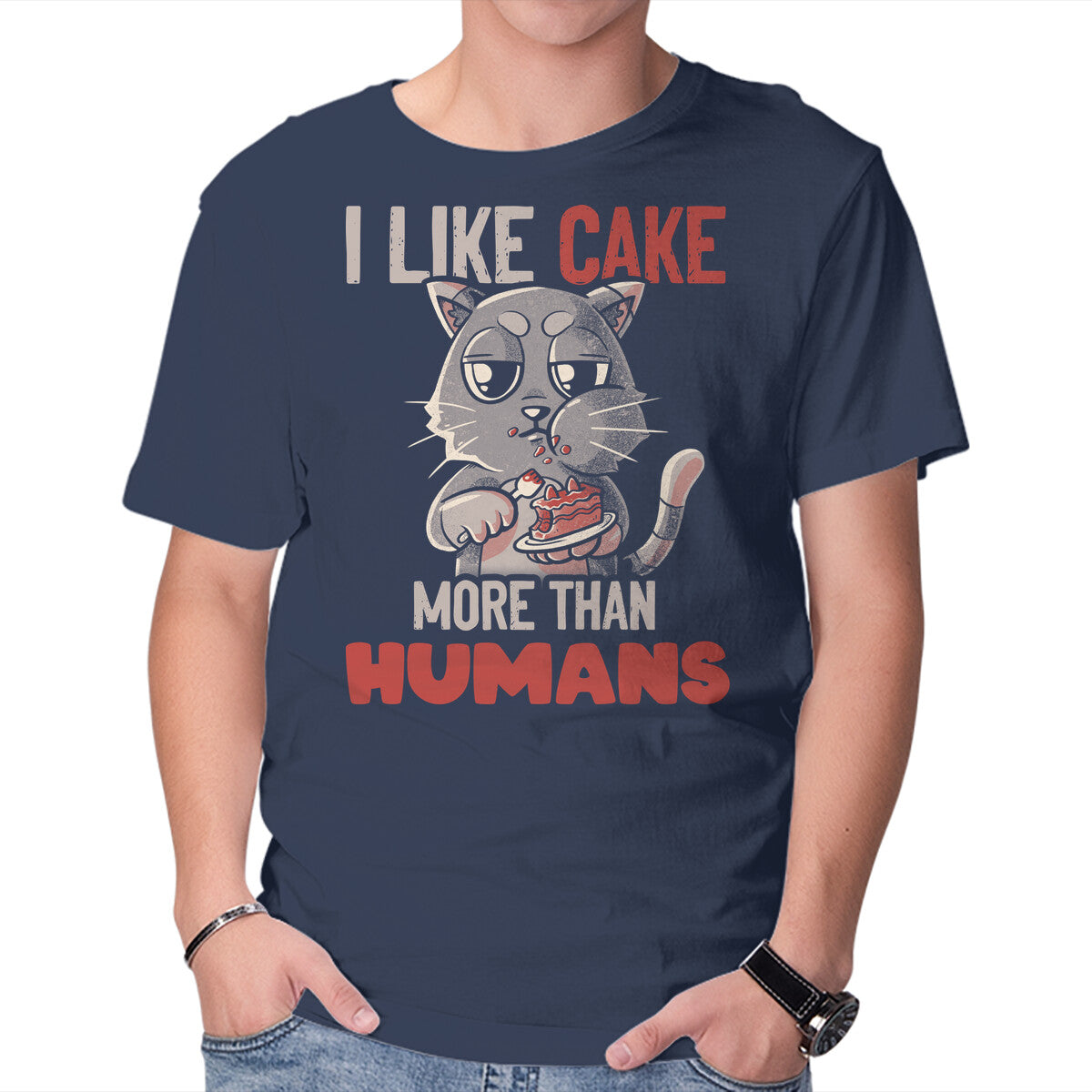I Like Cake More Than People – Cat Graphic T-Shirt in navy, product display