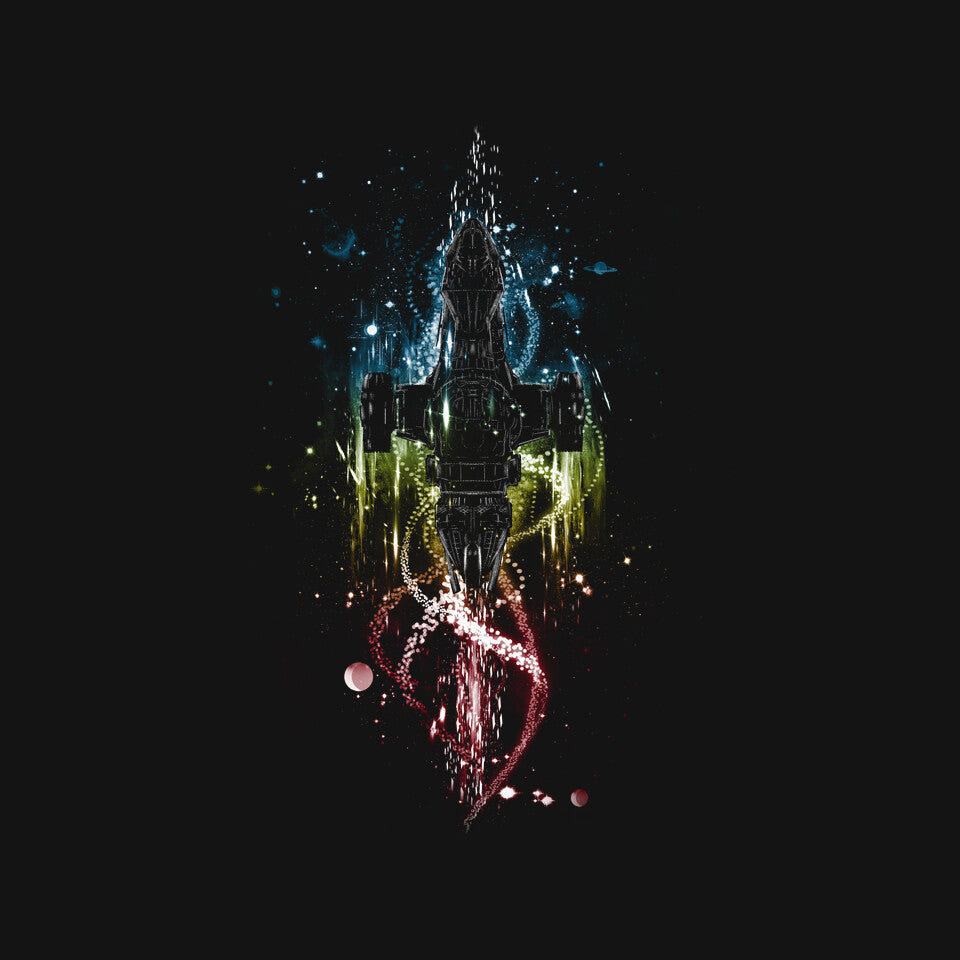 Serenity Space Ship – Sci-Fi Graphic T-Shirt design artwork for black graphic T-shirt