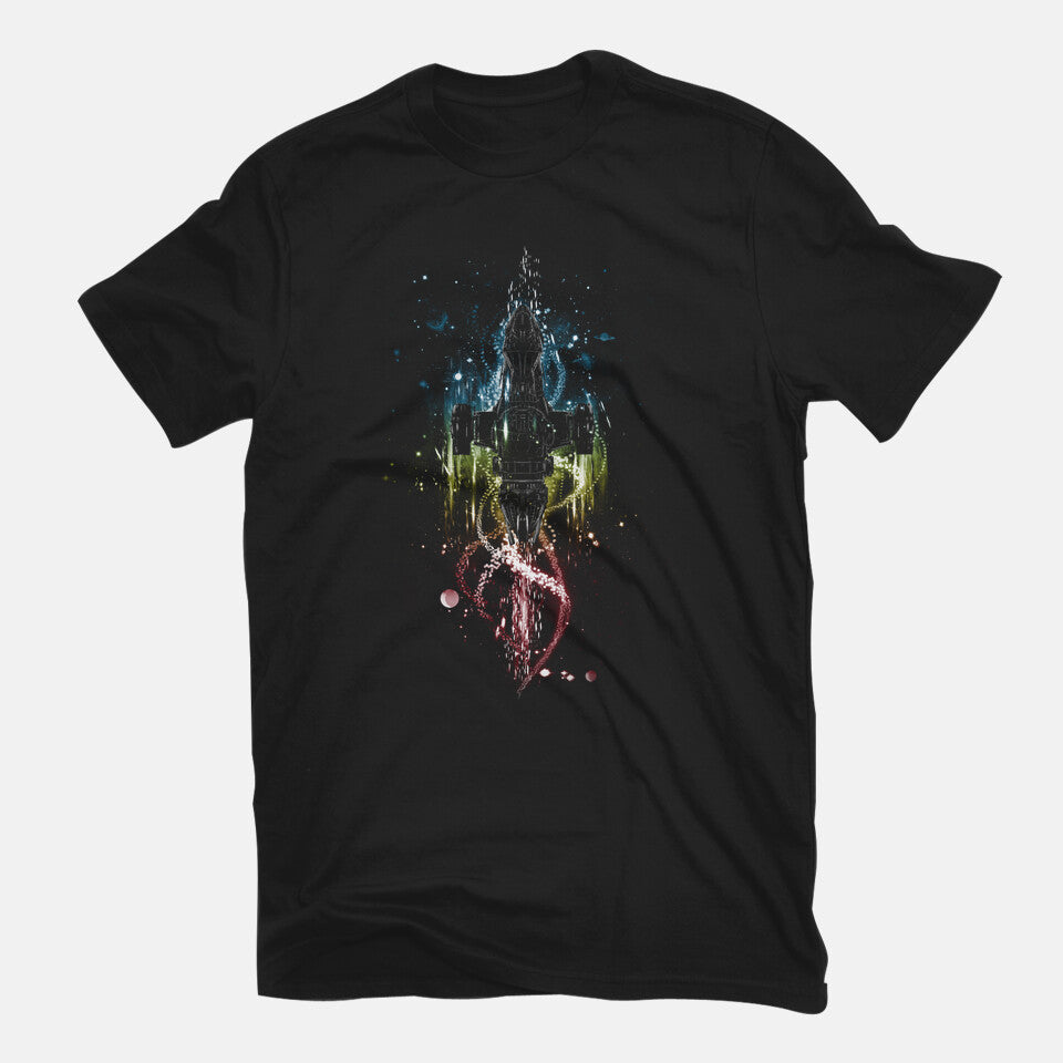 Serenity Space Ship – Sci-Fi Graphic T-Shirt in black, flat-lay product view