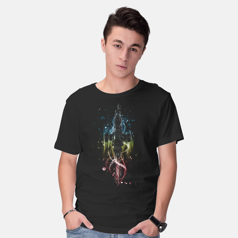 Model wearing black Serenity Space Ship – Sci-Fi Graphic T-Shirt