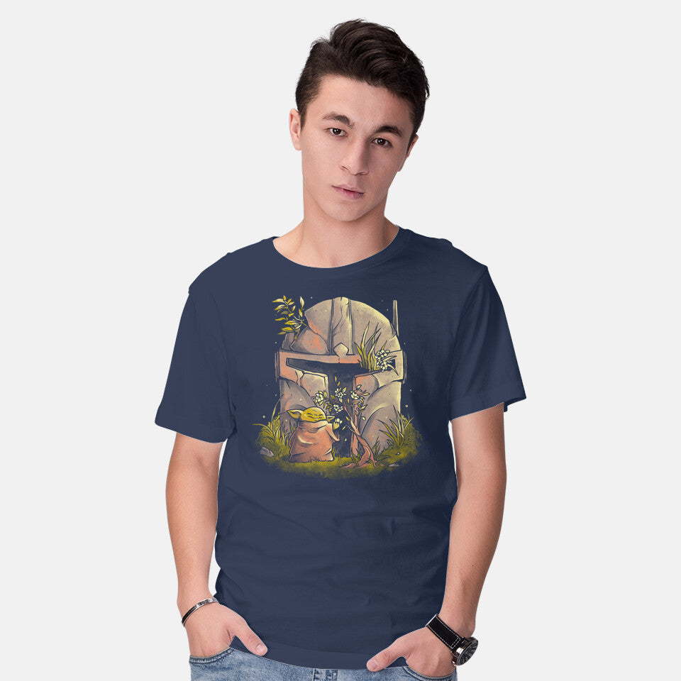 Model wearing navy Hunter Helmet – Sci-Fi Graphic T-Shirt
