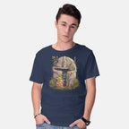 Model wearing navy Hunter Helmet – Sci-Fi Graphic T-Shirt