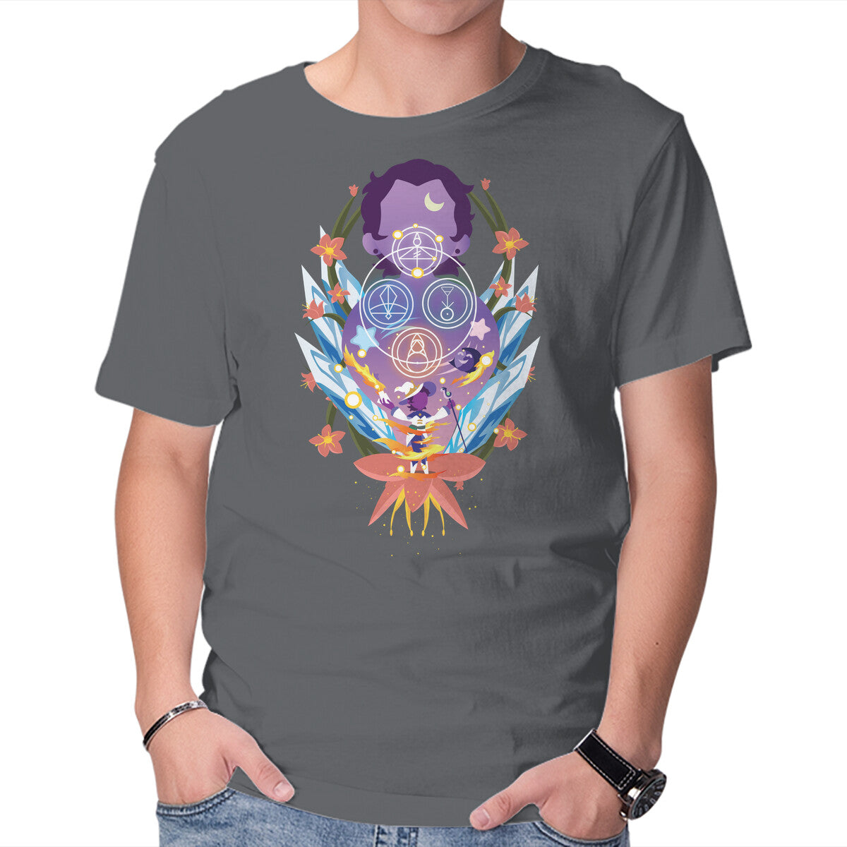 The Witch Of Glyphs – Horror Graphic T-Shirt in charcoal, product display