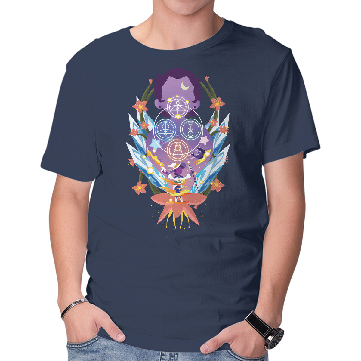 The Witch Of Glyphs – Horror Graphic T-Shirt in navy, product display