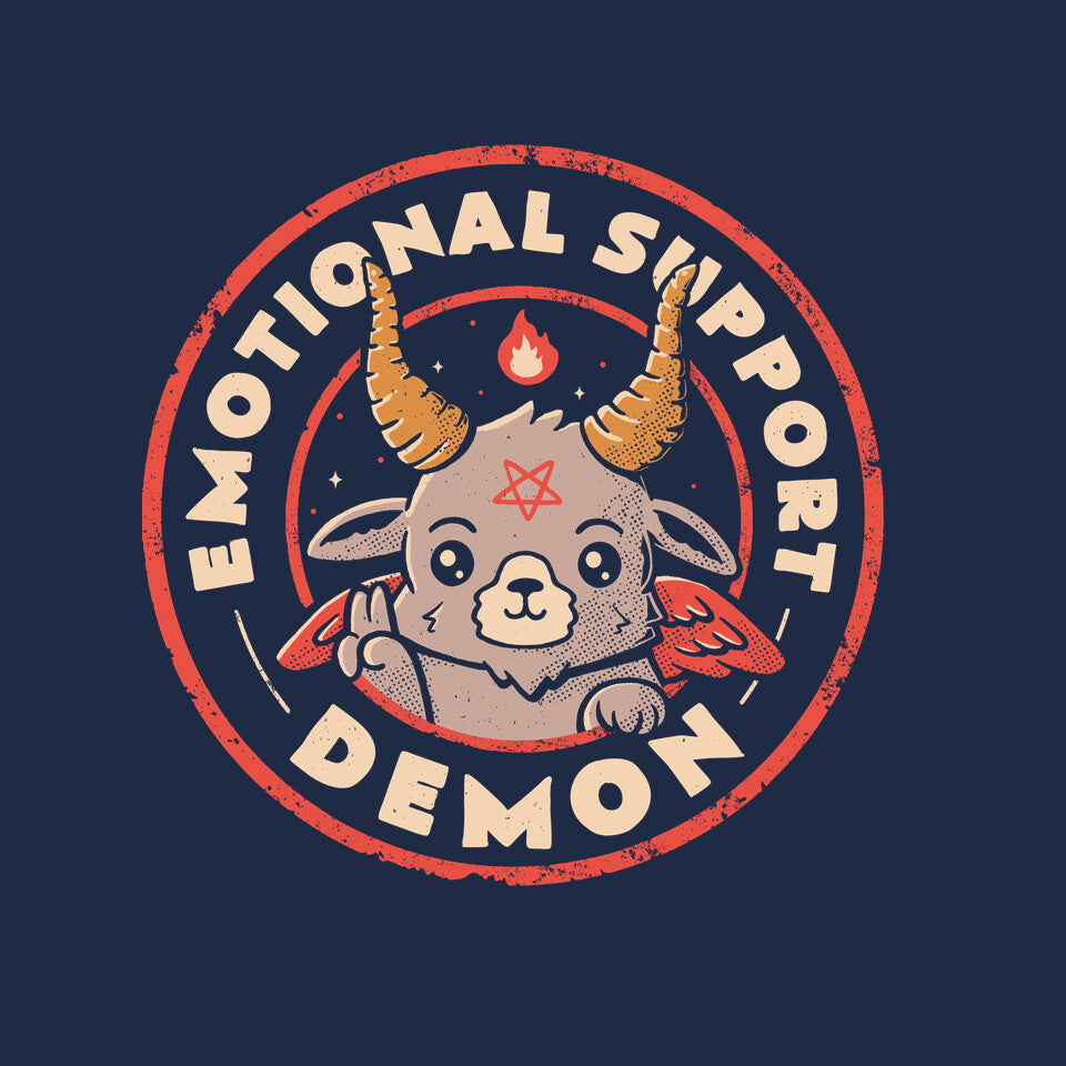Emotional Support Demon – Horror Graphic T-Shirt design artwork for navy graphic T-shirt