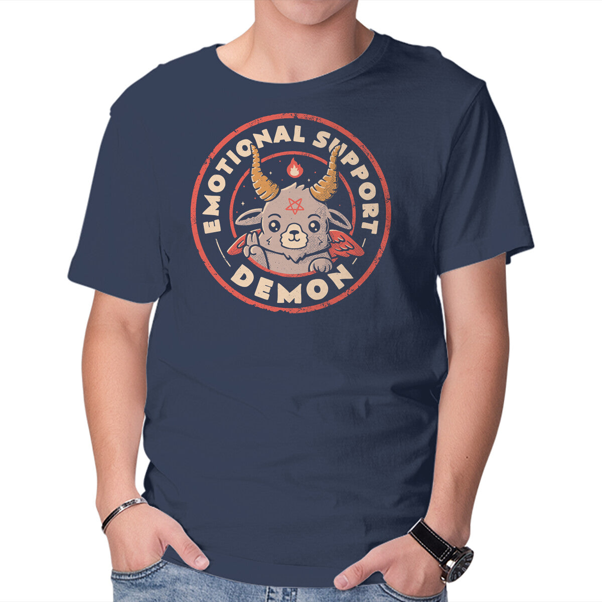 Emotional Support Demon – Horror Graphic T-Shirt in navy, product display
