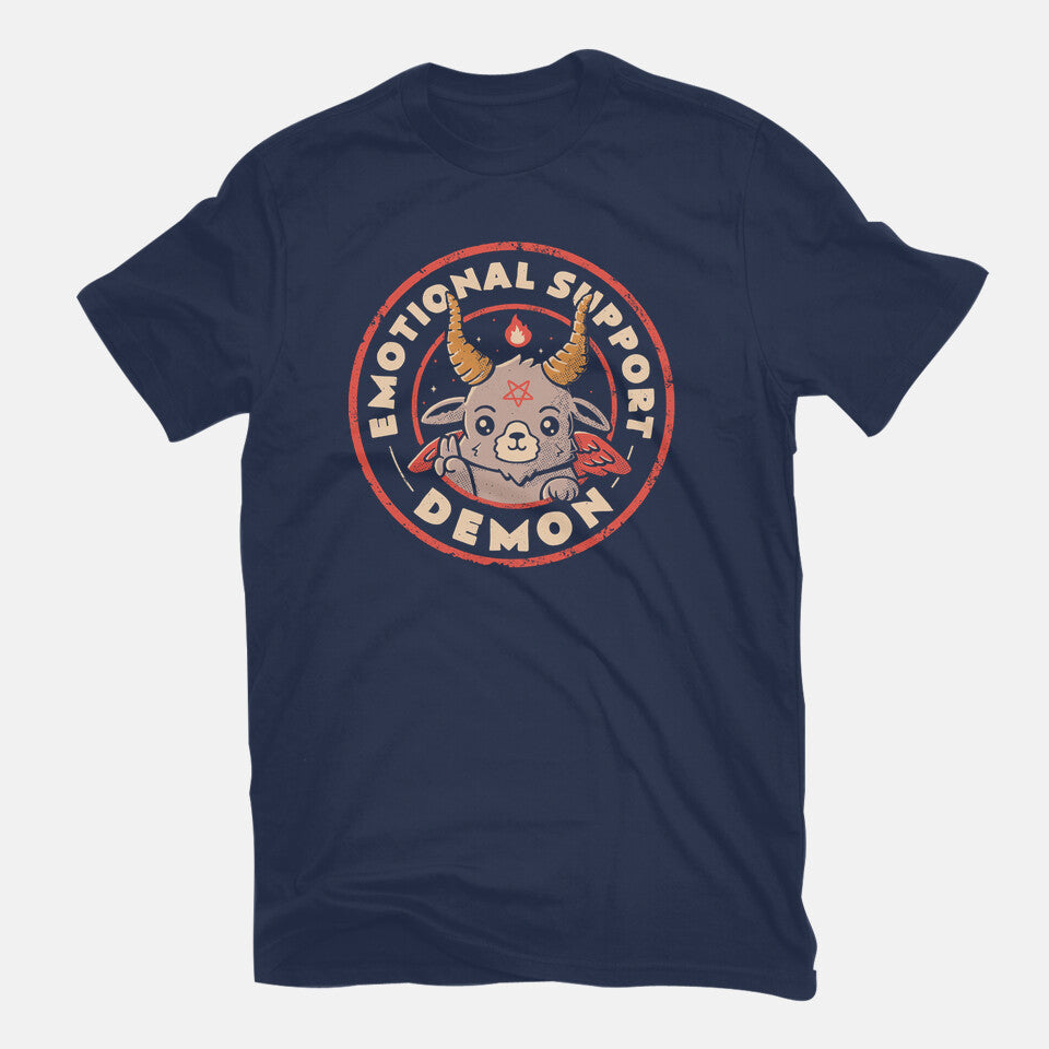 Emotional Support Demon – Horror Graphic T-Shirt in navy, flat-lay product view