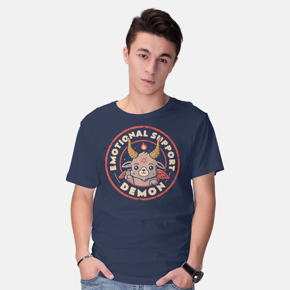 Model wearing navy Emotional Support Demon – Horror Graphic T-Shirt