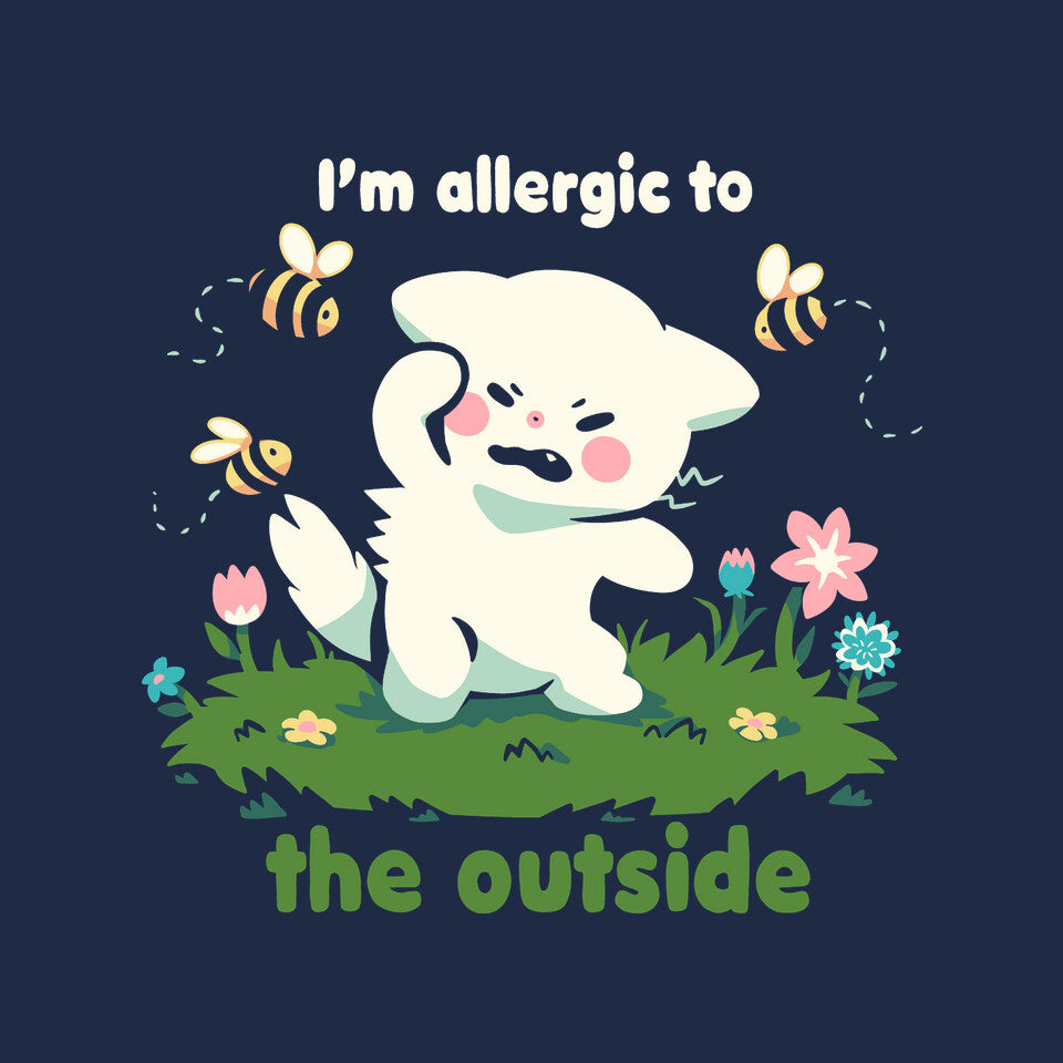 Allergic To The Outside – Cat Graphic T-Shirt design artwork for navy graphic T-shirt