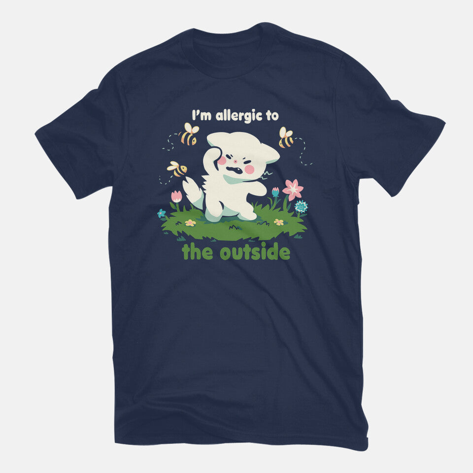 Allergic To The Outside – Cat Graphic T-Shirt in navy, flat-lay product view