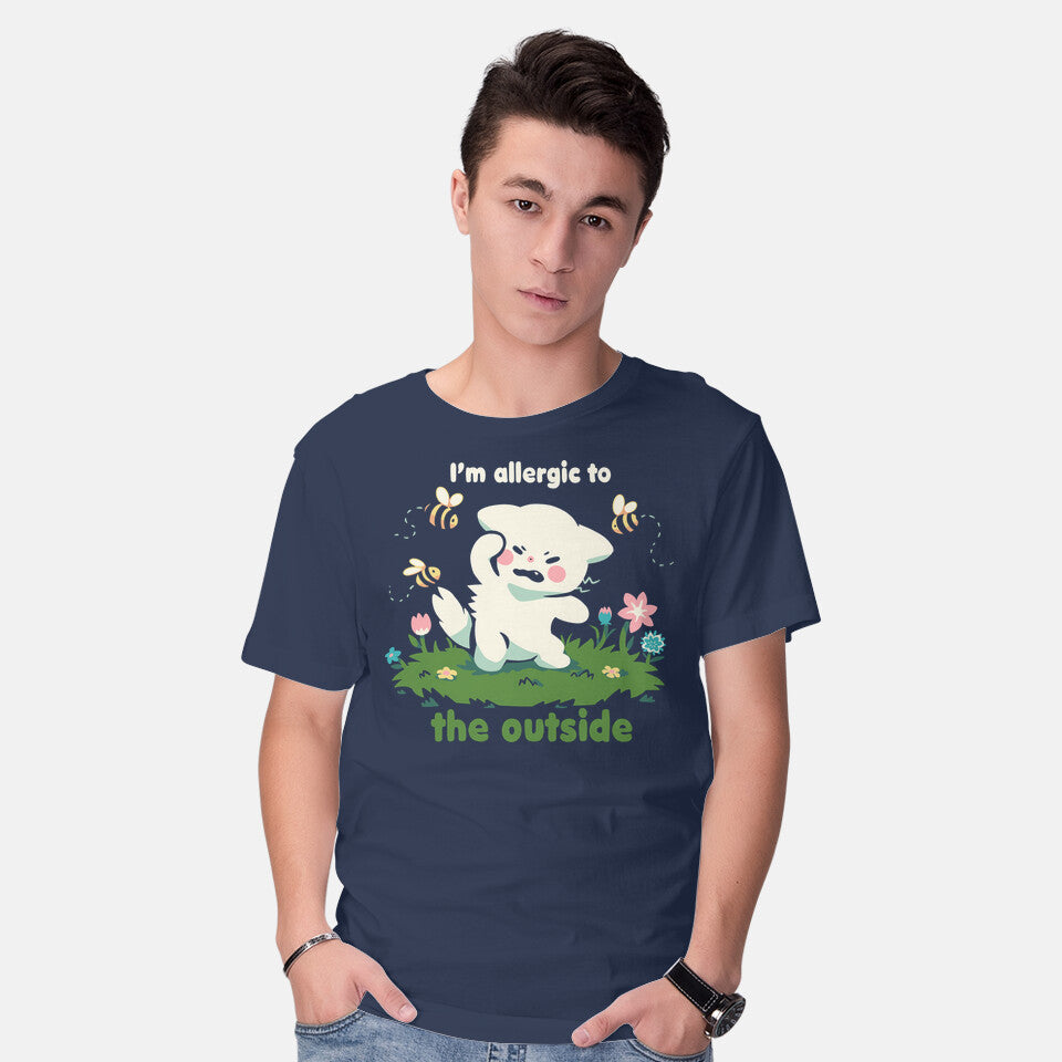 Model wearing navy Allergic To The Outside – Cat Graphic T-Shirt