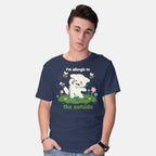 Model wearing navy Allergic To The Outside – Cat Graphic T-Shirt