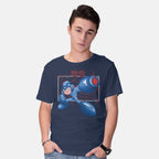 Model wearing navy Mega Shooting – Gaming Graphic T-Shirt