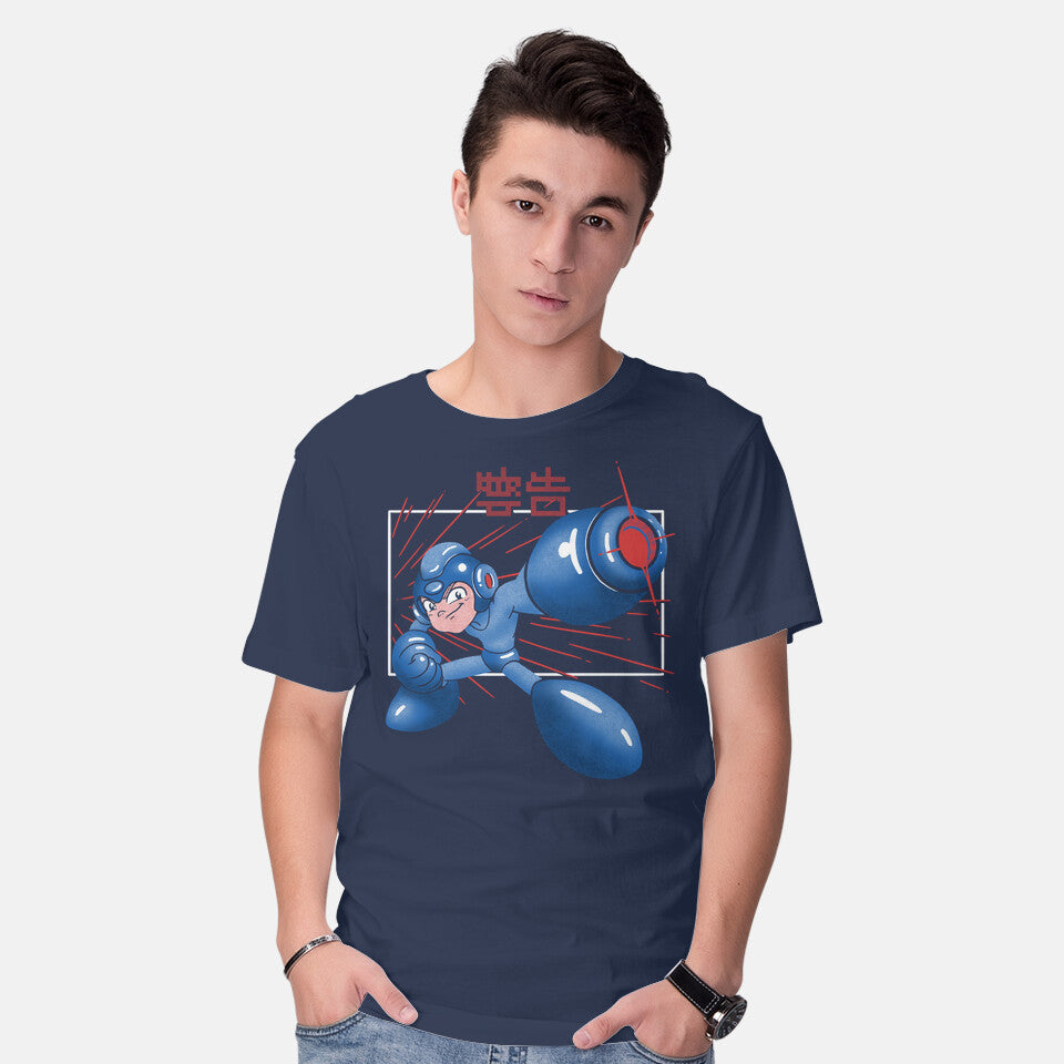 Model wearing navy Mega Shooting – Gaming Graphic T-Shirt