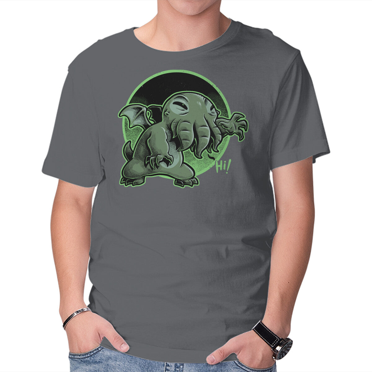 Cthulhu Says Hi Graphic T-Shirt in charcoal, product display
